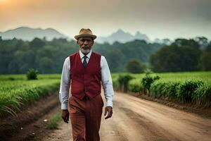 a man in a red vest and hat walking down a dirt road. AI-Generated photo