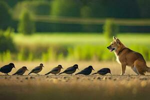 a dog and birds in a field. AI-Generated photo