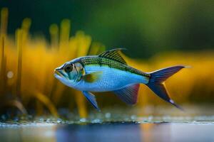 a fish is swimming in the water near grass. AI-Generated photo