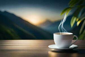 a cup of coffee on a wooden table with mountains in the background. AI-Generated photo