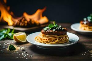 spaghetti with meat and sauce on a plate. AI-Generated photo