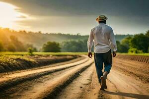 a man walking down a dirt road at sunset. AI-Generated photo