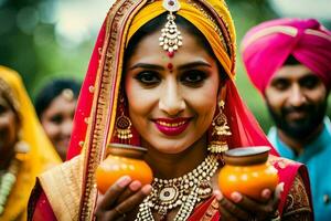 indian bride in traditional attire holding an orange. AI-Generated photo