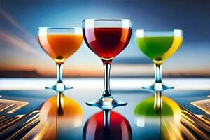 three glasses of different colored drinks on a table. AI-Generated photo