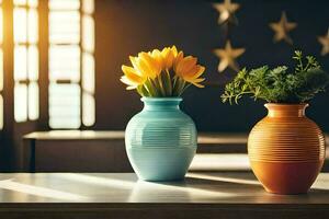 two vases with flowers on a table. AI-Generated photo