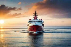 un rojo y blanco Embarcacion navegación en el océano. generado por ai foto