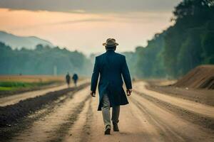un hombre en un sombrero y Saco caminando abajo un suciedad la carretera. generado por ai foto