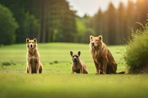 three dogs sitting on the grass in the forest. AI-Generated photo