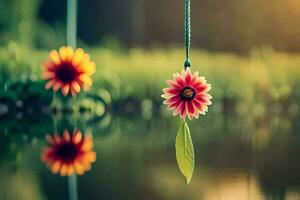 two flowers hanging from a rope over a pond. AI-Generated photo