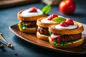 three hamburgers with cheese and strawberries on a wooden plate. AI-Generated photo