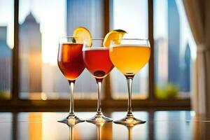 three glasses of different drinks with a city view. AI-Generated photo