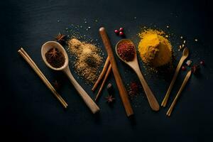 spices and spices on a black background. AI-Generated photo