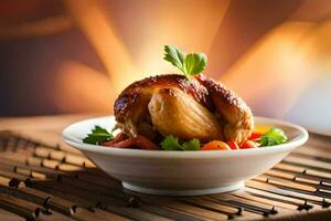 a dish of chicken in a bowl on a table. AI-Generated photo