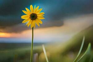 a single yellow flower stands in front of a stormy sky. AI-Generated photo