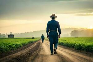 un hombre en un sombrero camina abajo un suciedad la carretera. generado por ai foto