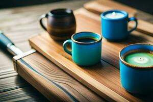 blue coffee cups and a knife on a cutting board. AI-Generated photo