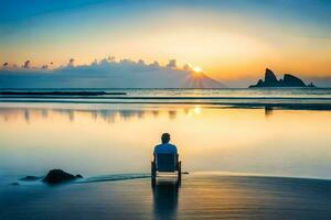 a man sitting in a chair on the beach at sunset. AI-Generated photo