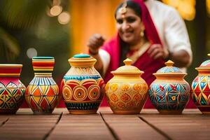 a woman in red is standing next to a group of colorful vases. AI-Generated photo