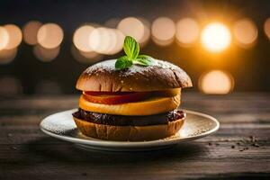 un hamburguesa con queso y manzana en un lámina. generado por ai foto