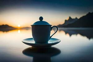 a cup of coffee on a saucer in front of a lake. AI-Generated photo