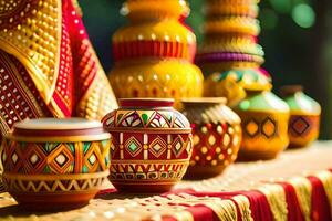 colorful pottery on a table with a red cloth. AI-Generated photo