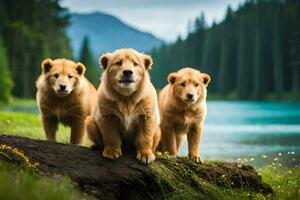 three golden dogs standing on a rock near a lake. AI-Generated photo