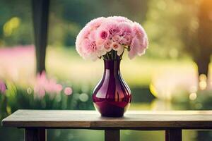 pink flowers in a vase on a wooden table. AI-Generated photo