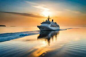 un crucero Embarcacion en el Oceano a puesta de sol. generado por ai foto