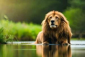 un león sentado en el banco de un río. generado por ai foto