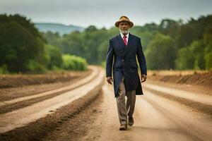 an older man in a suit and hat walking down a dirt road. AI-Generated photo