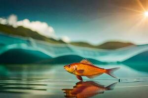 a fish is standing in the water with the sun in the background. AI-Generated photo