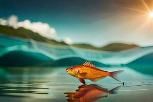 un pescado es en pie en el agua con el Dom en el antecedentes. generado por ai foto