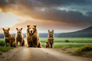 un grupo de perros y un león en pie en un suciedad la carretera. generado por ai foto