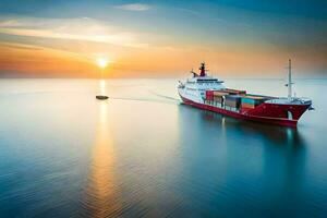 un carga Embarcacion en el Oceano a puesta de sol. generado por ai foto