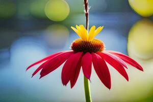 a red flower with yellow center is in front of a lake. AI-Generated photo