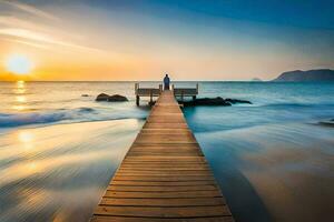 a man standing on a wooden pier looking out over the ocean. AI-Generated photo