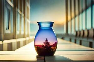 a vase with a tree in the reflection. AI-Generated photo