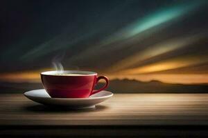 a cup of coffee on a wooden table with a beautiful sunset in the background. AI-Generated photo