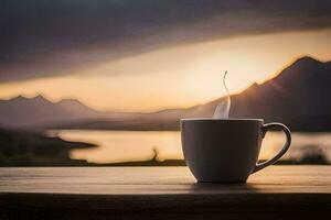 a cup of coffee on a table with mountains in the background. AI-Generated photo