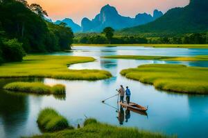 two people in a boat on a river with mountains in the background. AI-Generated photo