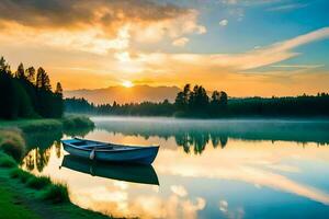 a boat sits on the shore of a lake at sunrise. AI-Generated photo