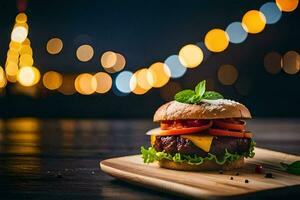 un hamburguesa en un de madera corte tablero con luces en el antecedentes. generado por ai foto