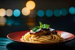 a plate of spaghetti with meat and mint leaves. AI-Generated photo