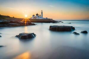 the sun rises over a lighthouse on the shore. AI-Generated photo