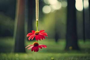 two red flowers hanging from a string in the grass. AI-Generated photo