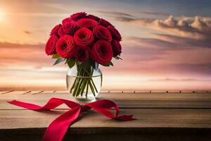 red roses in a vase with a red ribbon. AI-Generated photo