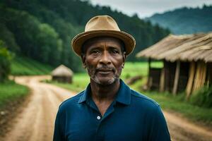 a man in a hat standing on a dirt road. AI-Generated photo