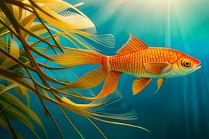 goldfish in the ocean with plants and sunlight. AI-Generated photo