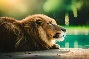 a lion laying down by the water. AI-Generated photo