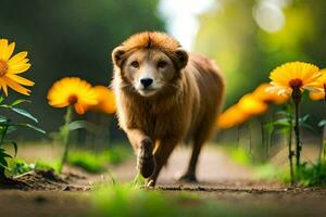 a dog walking through a field of yellow flowers. AI-Generated photo